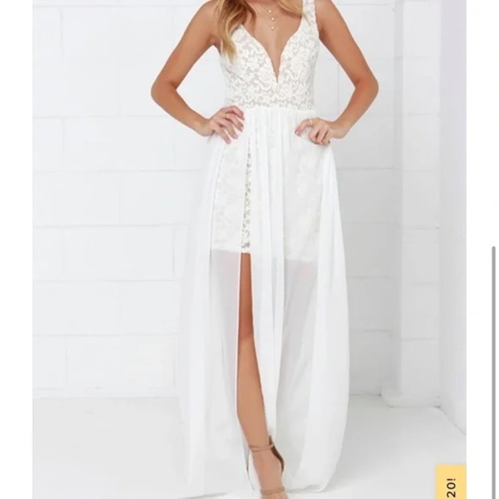 Lulu’s White Lace Mini Dress-Sheer Maxi Overlay